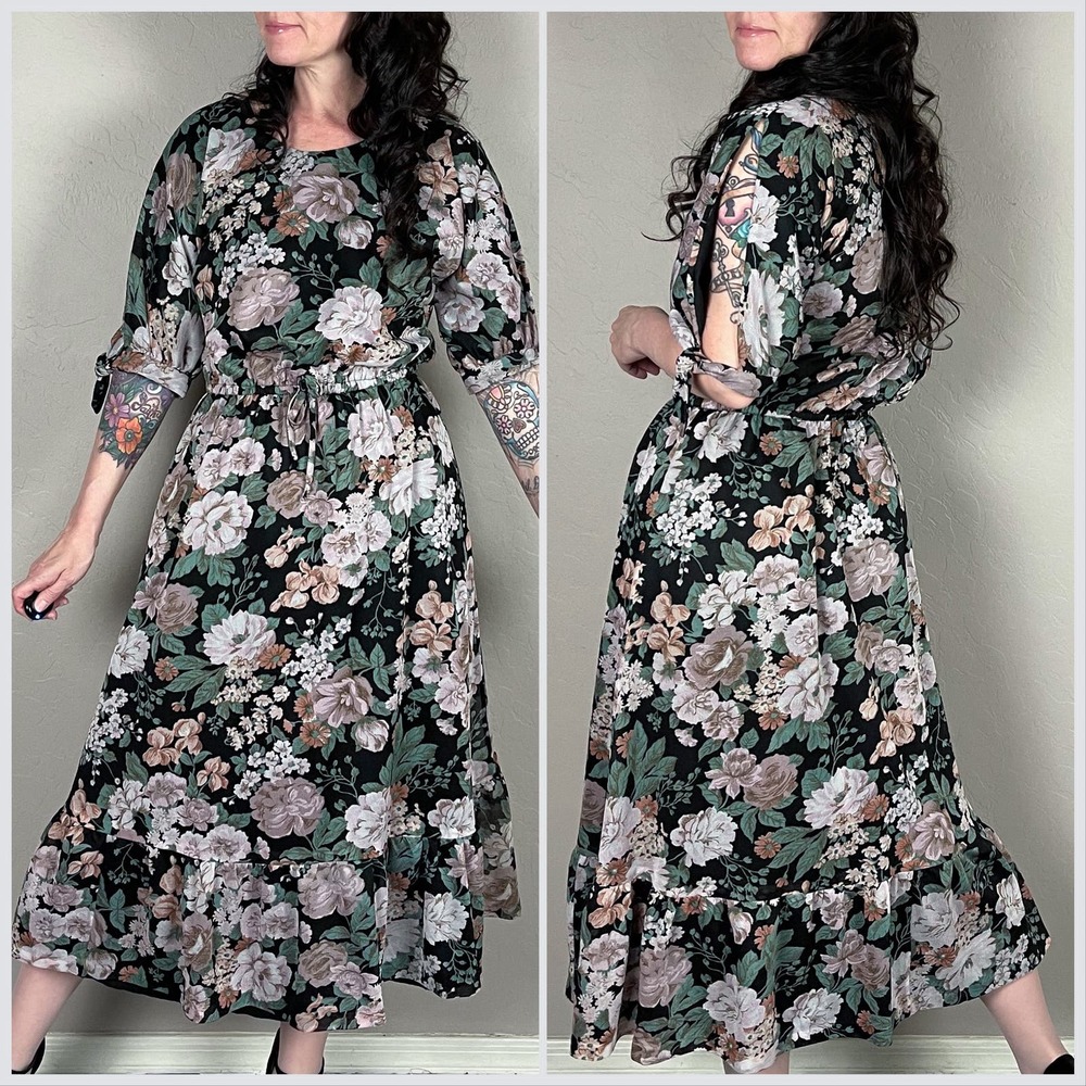 Vintage 1970s Homemade Black Floral Split Sleeve Midi Dress - Picture 4 of 7